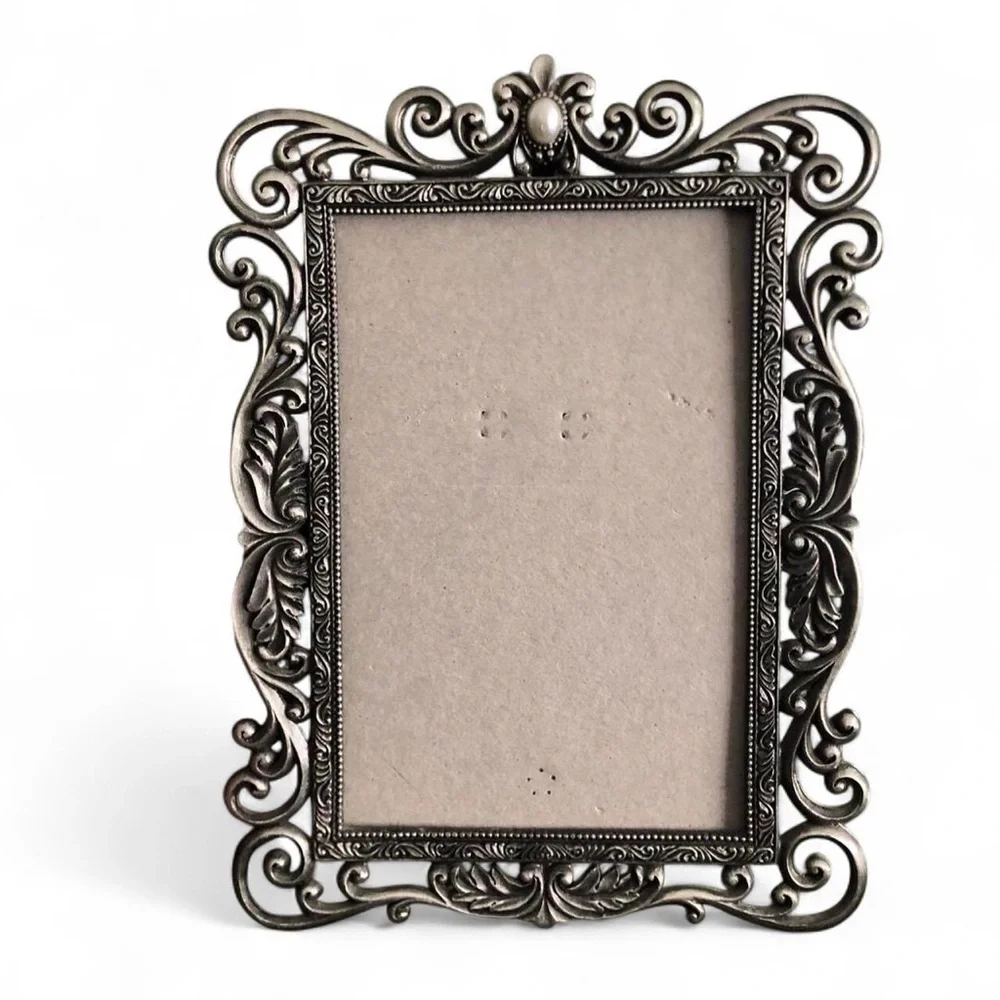 Vintage Pearl Pewter Filigree Scroll Picture Photo Frame Ornate Metal Victorian